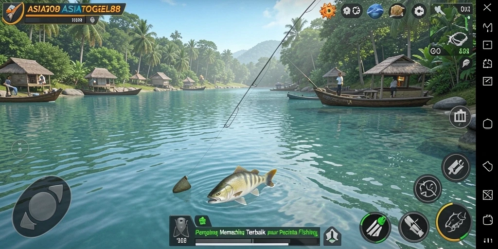 Screenshot gameplay ASIATOGEL88 menunjukkan aksi memancing yang seru.