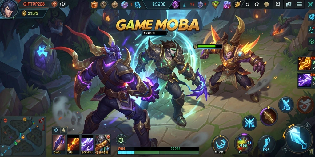 Screenshot gameplay <strong>GIFTRP288</strong> menampilkan pertempuran MOBA yang seru dan dinamis.